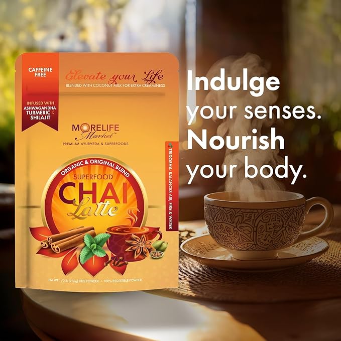 MoreLife Market Premium Superfood Chai Latte Tea | Caffeine-Free Ayurvedic Tea Powder for Immunity & Energy | Organic Turmeric & Shilajit Blend | Vegan, Non-GMO, Gluten-Free | 40+ Servings - 8oz