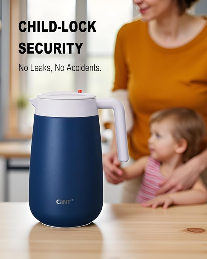 GiNT 54Oz/1.6L Thermal Coffee Carafe Wide Mouth - Double Wall Vacuum Insulated Stainless Steel Beverage Dispenser with Safety Lock | 12H Hot & 24H Cold Retention (Blue)