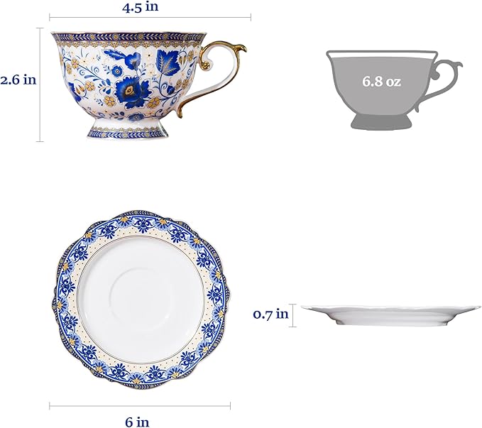 ACMLIFE Bone China Tea Cups and Saucers, 6.8 oz Tea Cup and Saucer Set, with Gold Trim and Gift Box, Blue and White (Blue-D)