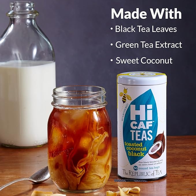 The Republic of Tea HiCAF Toasted Coconut Black Tea, 50 Tea Bags, High-Caffeinated Gourmet Herbal Blend