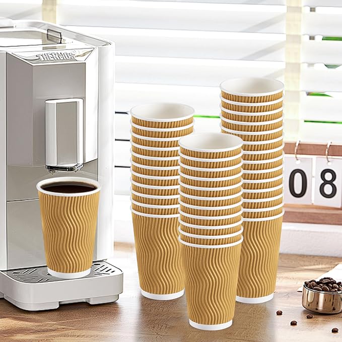 Lamosi Disposable Coffee Cups 16 OZ 90 Pack, Paper Coffee Cups 16 OZ for Hot Drinks or Cold Beverages, Insulated Corrugated Ripple Wall Cup No Lids for Office, Cafe, Home or Travel (Champagne)