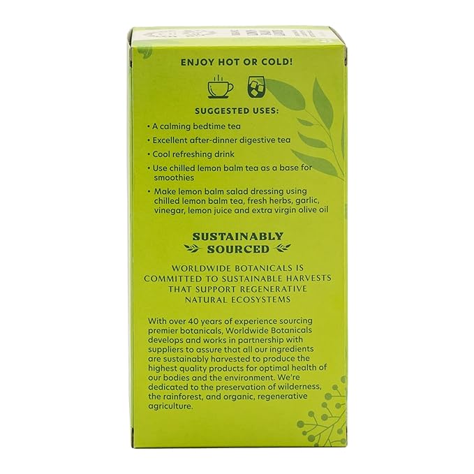 Worldwide Botanicals Organic Lemon Balm Tea, 25 Tea Bags - 50% more herbs with 2.25g per teabag - 100% Pure Lemon Balm Leaves, Kosher
