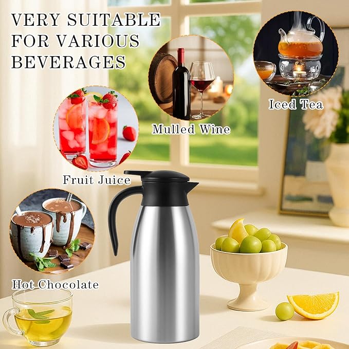 2 Pcs 68 OZ Insulated Coffee Carafe – Thermal Stainless Steel Carafe for Hot Liquids | Double Wall Coffee Thermos Dispenser with Cleaning Brushes – Keep 12H Hot & 24H Cold