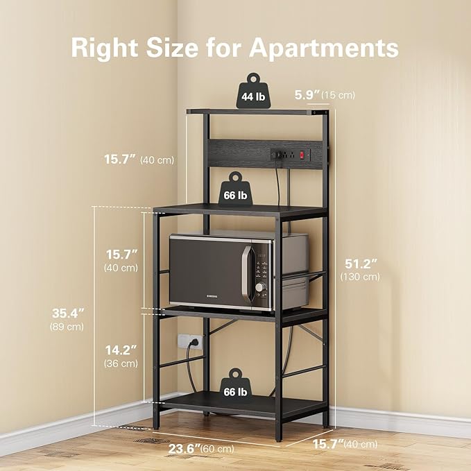 Bakers Rack with 3 Power Outlets, 4-Tier Kitchen Microwave Stand with Storage, Freestanding Kitchen Shelf Stand 23.6”L x 15.7”W x 51.2”H, Coffee Bar Table, Black