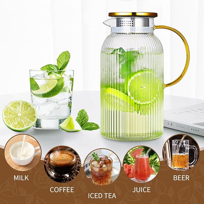 Glass Pitcher with Lid, 2Pcs Elegant Heat Resistant Cold 2 Lite Brew Pitchers for Fridge Hot Cold Water Coffee Milk Lemonade Beverage，Vertical StripesLemonade Beverage