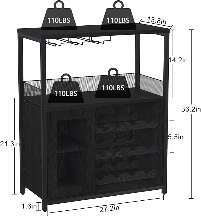 GarveeHome 3-Tier Wine Bar Cabinet with Detachable Wine Rack, Liquor Cabinet with Storage, Coffee Bar Cabinet with Glass Holder & Mesh Door, Sideboard Buffet Bar for Living Room, Dining Room, Black