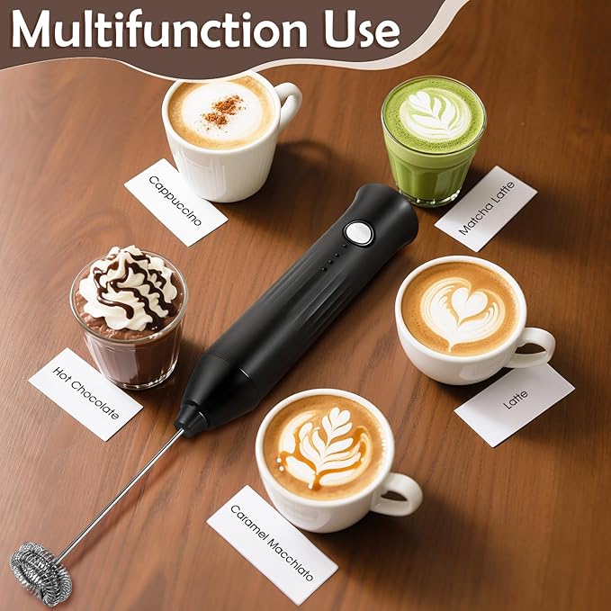Milk Frother Handheld Rechargeable, Frother Wand Drink Mixer Electric Whisk for Coffee, Detachable With 2 Stainless Whisks, Hand Mixer for Lattes, Matcha, Egg, Gift for Christmas(Black)