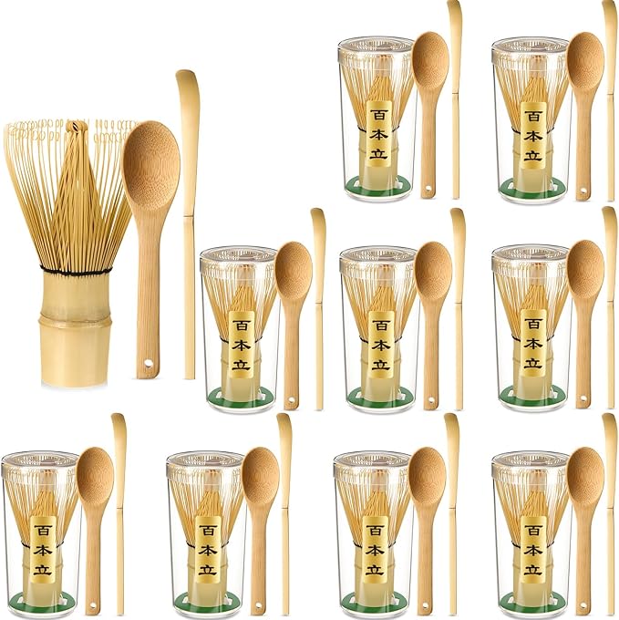 LemonRoad 10 Set Matcha Whisk Bulk (Chasen) with Traditional Scoop (Chashaku) and Tea Spoon, 100 Prong Bamboo Whisk for Matcha Powder Handcrafted Stirrer Mixer Brush Gift