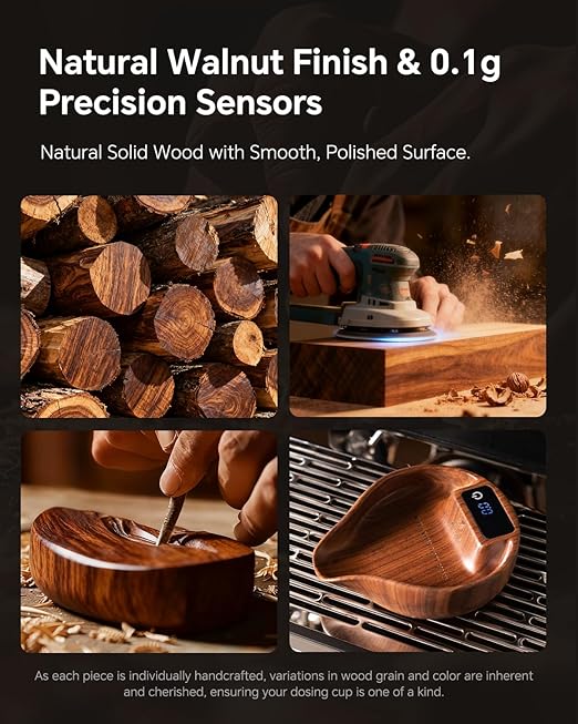 Coffee Bean Dosing Cup with Scale and Spray Bottle Kit - MUVNA Mini Rechargeable 0.1 Precision Single Dosing Tray Walnut Wood with LED Display for Coffee Grinder, Espresso, Tea, Kitchen Spice