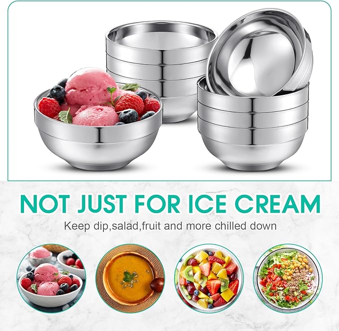 8 Pack 24 oz Stainless Steel Bowls Double Walled Insulated Soup Ice Cream Metal Mixing Nesting Bowls for Serving Soup Rice Cereal (304 Stainless Steel)