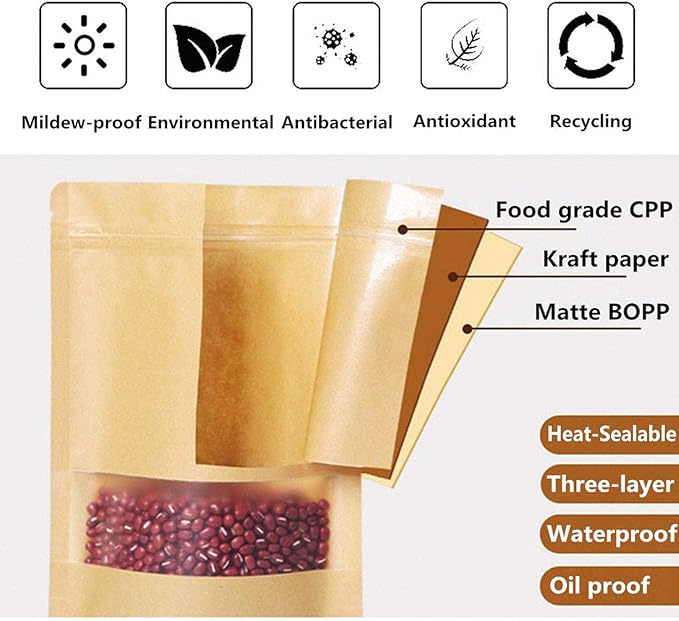 TYONMUJO 100pcs Kraft Bags with Window Zipper Lock Stand Up Bulk Pouches Resealable 5.5×7.8in