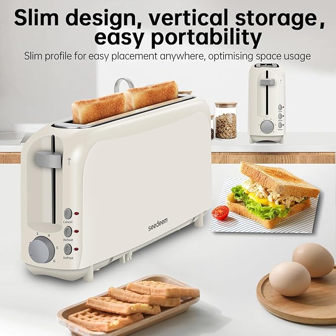 SEEDEEM 2 Slice Slim Toaster, Single 10" Long Slot Toaster Fits Bagels & Artisan Bread, 6 Shade Settings, Cancel/Reheat/Defrost, Removable Crumb Tray, Auto Shut-Off, White