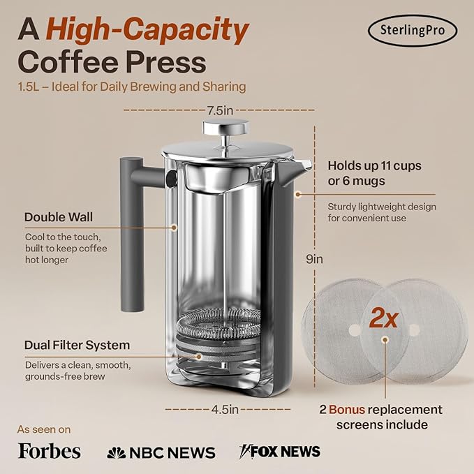 Stainless Steel French Press Coffee Maker Large 1.5 L(51 oz) Gray – Durable Double Walled Insulated Coffee Press Keeps Drinks Hot, Easy to Use and Clean Stylish Design for Rich Flavor