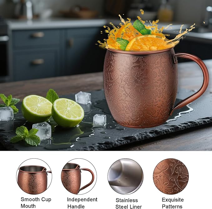 Moscow Mule Mugs - 18 Oz Copper-Plated Fine Craftsmanship Etched Mugs,304 Stainless Steel-Lined Mule Cups,For Cold Drinks, Beer, Wine, Bars, Parties