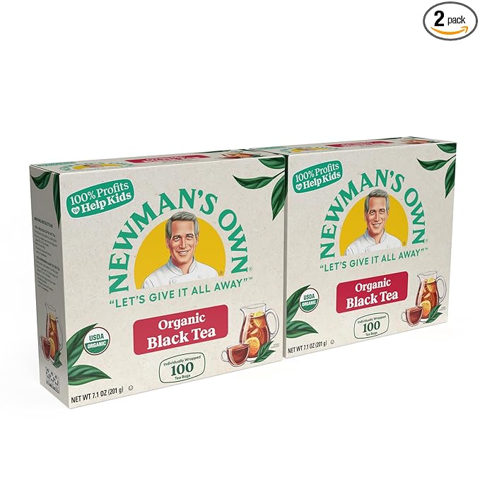 Newman's Own Organic Black Tea Strong Robust Black Tea with 100 Tea Bags Per Box (Pack of 2) USDA Certified Contains Caffeine Brew Hot/Cold