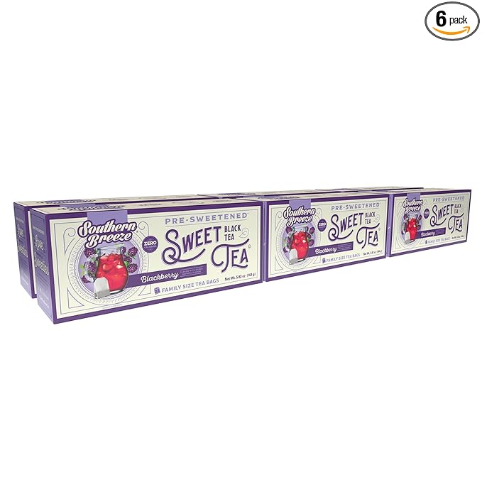 Southern Breeze Hot Brew Sweet Tea Blackberry Iced Tea with Black Tea and Zero Carbs Zero Sugar, 22 Individually Wrapped Family Size Tea Bags, Pack of 6