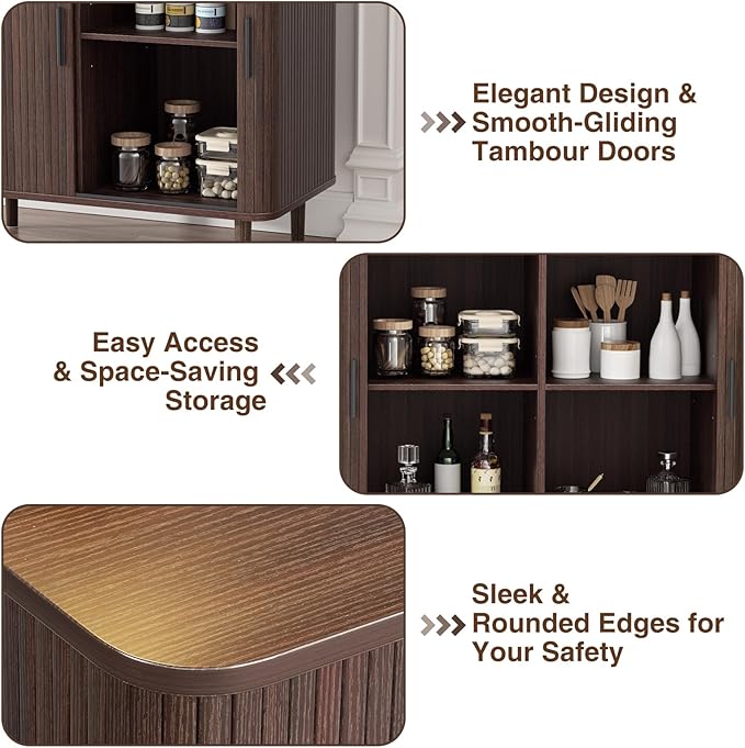 35" Fluted Accent Buffet Cabinet, Walnut Small Storage Sideboard with Sliding Door, Mid Century Modern Credenza with Solid Wood Leg, Wine Coffee Bar Console Table for Kitchen, Entryway, Living