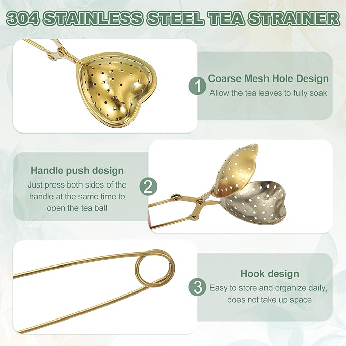 uxcell 1 Pcs Tea Infuser, Stainless Steel Loose Leaf Tea Infuser Filter for Cup and Teapot, Long Handle Tea Steeper Strainers for Tearoom Office Home, Heart Shaped Gold