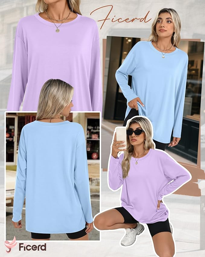 Ficerd 3 Pack Women's Oversized Long Sleeve Shirts Cotton Gym Round Neck Tops Loose Fit Casual Workout Baggy Fall Basic Tee