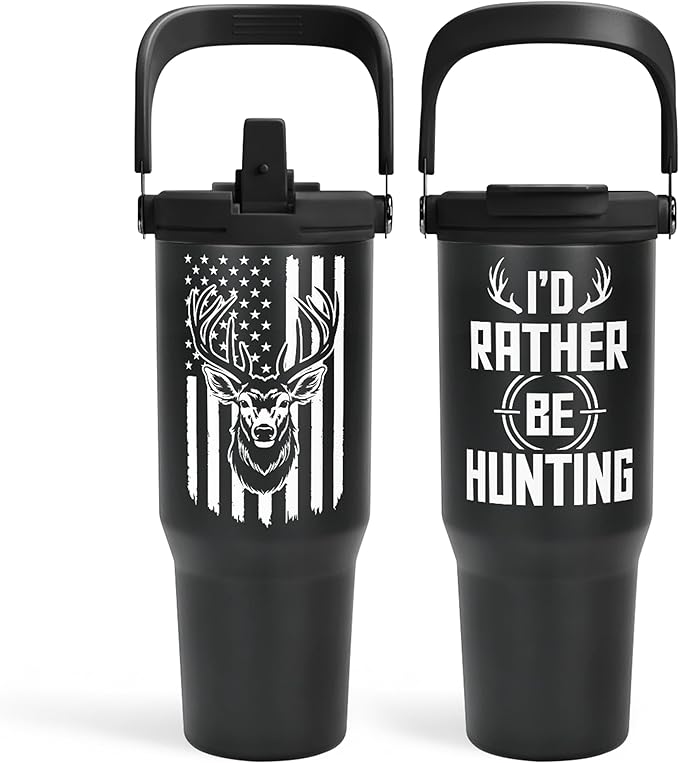 SANDJEST Hunting Gift for Men, Deer Hunting Tumbler with Handle, 30oz Flip Straw Stainless Steel Insulated Coffee Travel Cup, Gifts for Hunter Dad Grandpa on Birthday Christmas Fathers Day