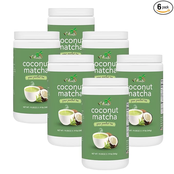 CAcafe Coconut Matcha - Instant Japanese Health Drink - Creamy & Sweet - Hot or Iced Green Tea Latte Mix - New Look, Reduced Sugar - Non-GMO - No Artificial Flavors or Colors | 6-Pack