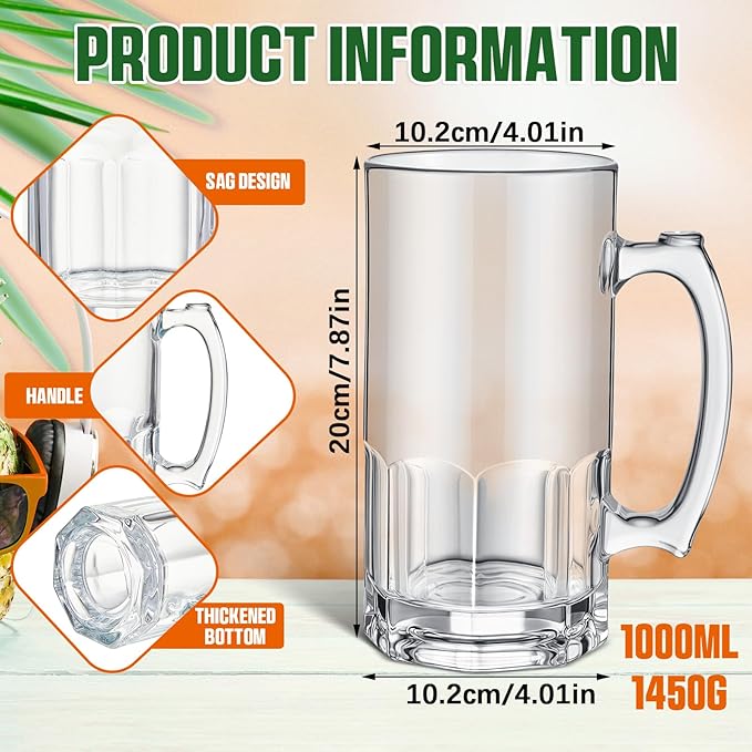 Set of 4 34 oz Extra Large Beer Mugs with Handles Glass German Clear Tall Heavy Beer Cups Steins Mugs Pint Weizen Glasses for Freezer Coffee Drinking Tea Water Cocktail Alcohol Beverages Pub