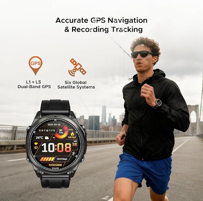 DOOGEE Anywise W1 Smart Watch 5ATM Waterproof Dual-Band GPS Fitness Tracker, 1.43'' AMOLED Screen Men Watches for Android and iPhone, 170+ Sports Modes, Bluetooth Call/18 Days Battery/2 Straps