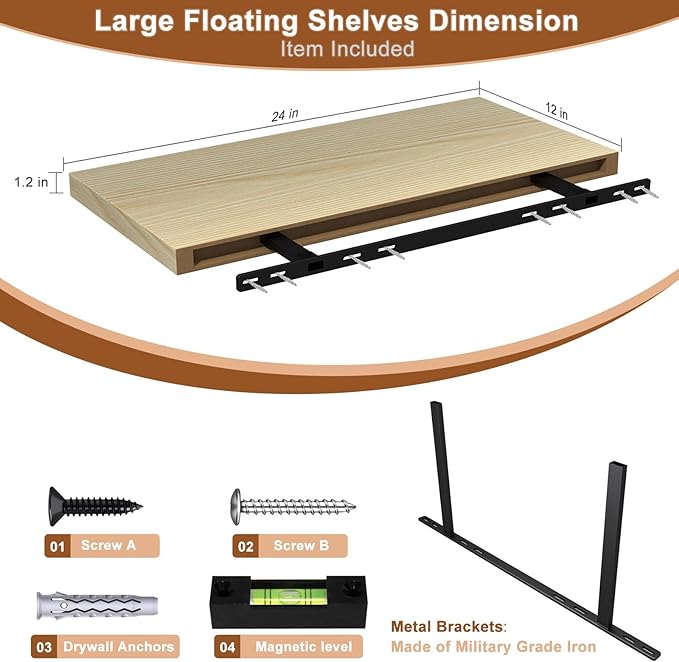 12 Inch Deep Floating Shelves for Wall 2 Pack Floating Shelfs Large Storage Space Wall Decor Display Shelf for Bathroom Living Room Bedroom Kitchen 23.8" W x 12" D x 1.2" H Natural Wood