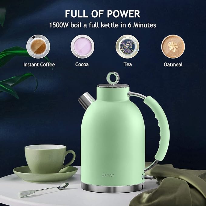 ASCOT Electric Kettle, Stainless Steel Tea Boiler 1.6L 1500W Retro Tea Heater & Boiling Kettle, Auto Shut-Off and Boil-Dry Protection(Matte Green)