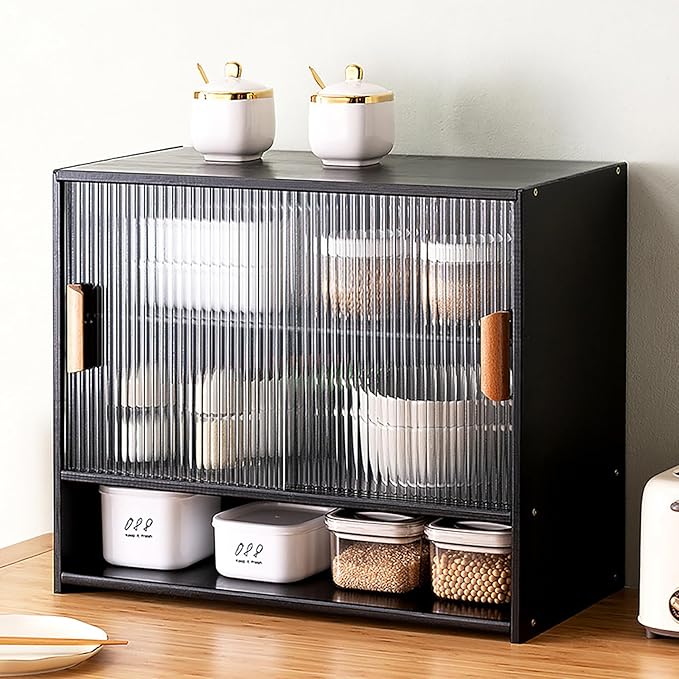 Small Bamboo Kitchen Pantry Sideboard, Freestanding Countertop Storage Cabinet with 2 Acrylic Doors Black Storage Shelf, Sliding Pantry Cabinet for Home Bar, Coffee Bar