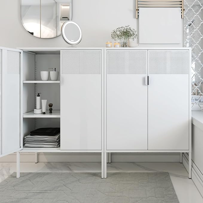 Metal Storage Cabinet,Kitchen Pantry Storage Cabinets with Doors,Buffet Cabinet with 2 Adjustable Shelves,White Pantry Cabinets,Steel Sideboard for Home,Shoes,Office,Dining Room