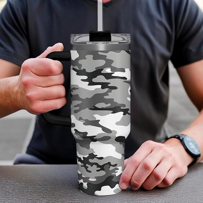 SANDJEST Camouflage Tumbler 40oz Stainless Steel Insulated with Lid & Straw, Camo Gifts for Men Dad Husband Brother Grandpa Veteran Hunting Lover on Christmas Birthday Valentine Fathers Day