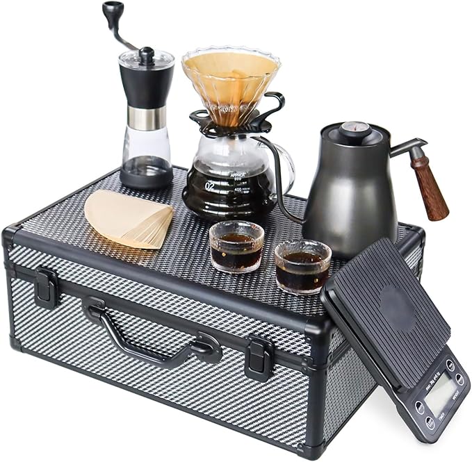 SOTECH Manual Coffee Maker Set with 850ml Stainless Steel Kettle, All in One Coffee Brewing Kit, Hand grinder, Travel Case for Outdoor Camping, Office