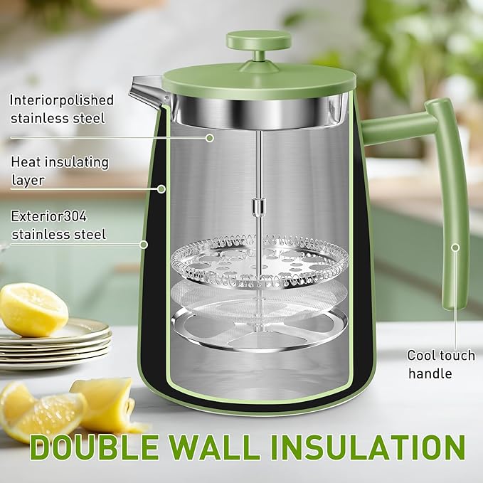 Secura 50oz French Press Coffee Maker – 304 Stainless Steel, Insulated Coffee Press with Extra Filter, Green