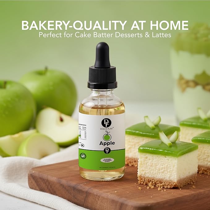 Dolce Flav Apple Extract – 8 Ounce Oil-Soluble Kosher, Sugar-Free, Concentrated Crisp Apple Flavoring for Baking, Chocolates & Desserts