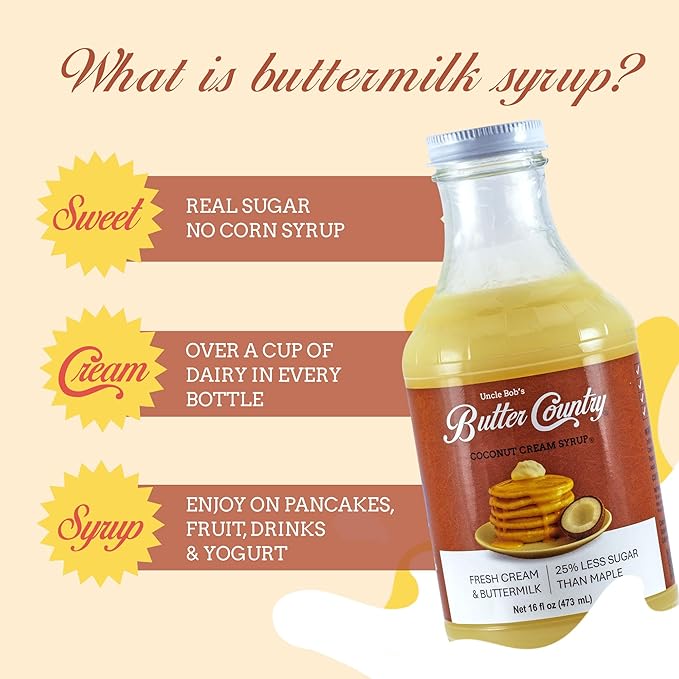 Uncle Bob's Butter Country Rich & Creamy Coconut Syrup for Pancakes and Waffles, Less Sugar, No Corn Syrup, Gluten Free, Made without Artificial Flavors, 16 fl oz Bottle/4 Pack