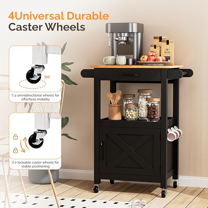 VINGLI Rolling Kitchen Cart with Microwave Stand, Storage Cabinet & Drawer, Small Coffee Cart with Side Hooks & Towel Rods, Compact Kitchen Island on Swivel Wheels, Black
