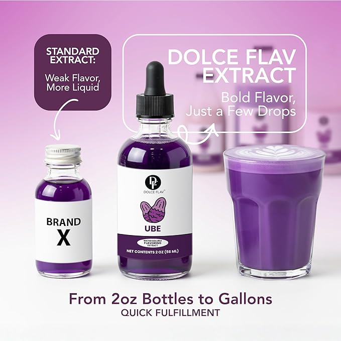 Dolce Flav Purple Ube Extract – 2 Ounce Water-Soluble Kosher, Sugar-Free, Concentrated Sweet Ube Flavoring for Baking, Ice Cream & Pastries, Includes Measured Dropper
