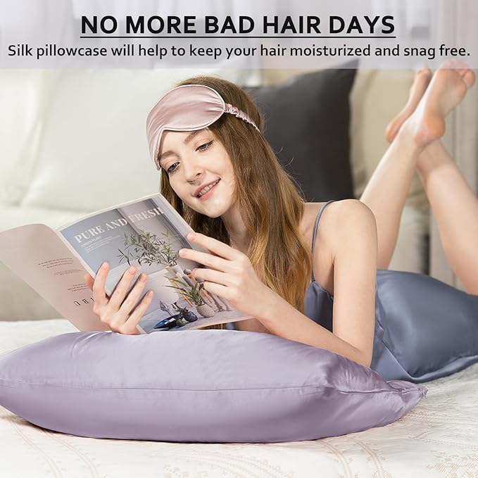 Ravmix Silk Pillow Cases with Zipper, 21momme Mulberry Silk Pillowcase for Hair Skin Health, Soft Smooth Breathable Cool Pillow Cover for Beauty Sleep with Gift Box 1PC(King 20"x36", Lilac)