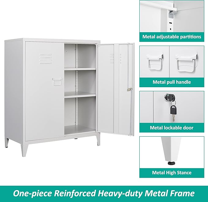 SISESOL White Metal Cabinet with Doors and Shelves,40" Metal Storage Cabinet with Lock Door Adjustable Shelf,File Cabinets for Home Office,School,Kitchen,Garage Storage Tool Cabinets