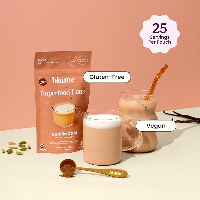 Blume Superfoods Latte - Vanilla Chai Blend with Black Tea, Cardamon, Cinnamon, Low-Caffeine, Low-Sugar, Organic, Keto Friendly, Vegan, Mushroom Blend- 25 Servings