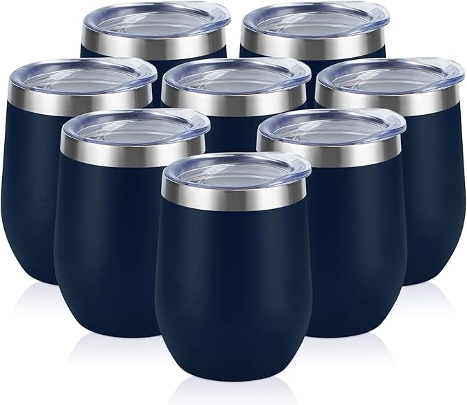 8 Pack 12Oz Stainless Steel Wine Tumblers, Insulated Wine Tumbler, Double Wall Insulated Wine Glass, Stainless Steel Stemless Wine Cups with Lids for Coffee, Wine, Cocktails, Champaign, Navy Blue…