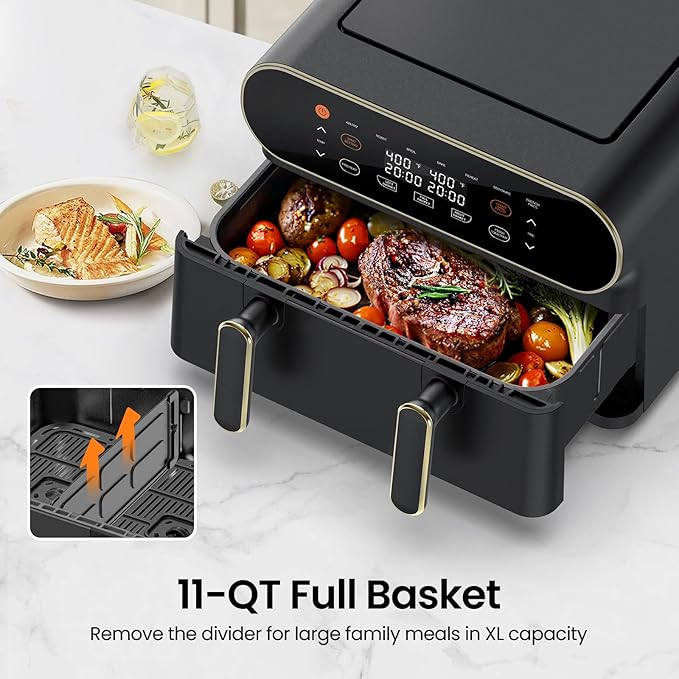 TOPZEE 11-QT Large Air Fryer, 8-in-1 XL Airfryer with Flex Basket, Divider for Dual Cooking, Preheat Air Fry, Roast, Broil, Bake, Reheat, Dehydrate, French Fries Dishwasher Safe, w/Gold Border