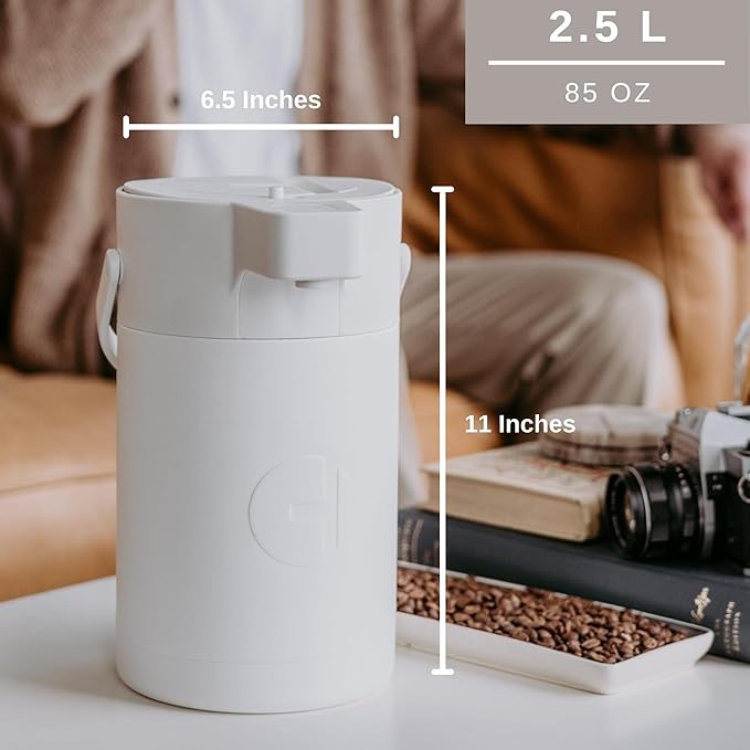 Hastings Collective Airpot Coffee Dispenser with Pump 2.5 Liter - Insulated Stainless Steel Thermal Coffee Carafe 12 Hour Hot/24 Hour Cold - Hot Beverage Dispenser for Water Coffee Tea (White)