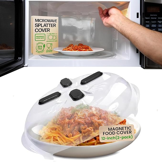 HOVER COVER Magnetic Splatter Cover, 12-Inch Clear BPA-Free Food Lid, Vented Plate Guard with Steam Vents, Anti-Splash Microwave Lid, Dishwasher Safe, Space-Saving Magnetic Storage - Onyx, 2 Pack