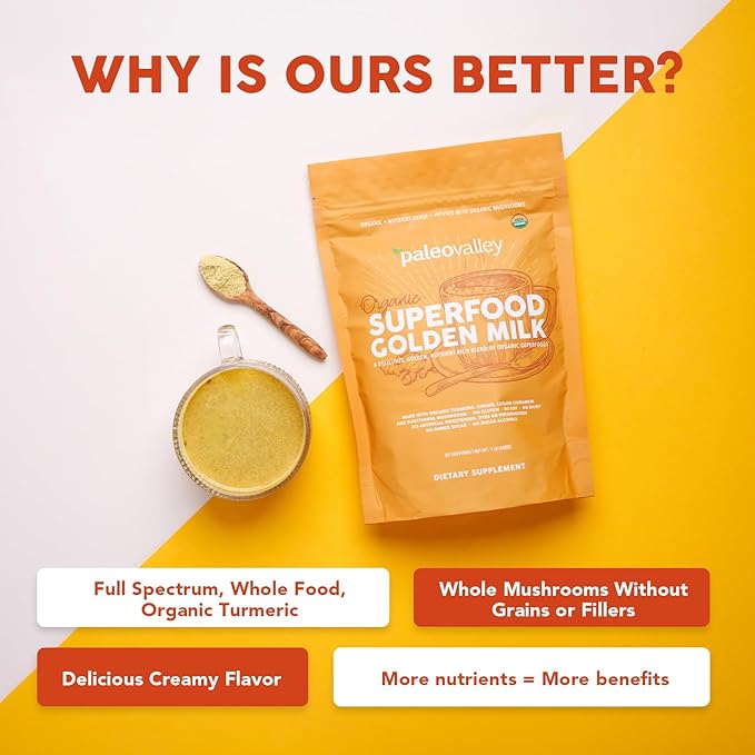 Paleovalley Organic Superfood Golden Milk - Immune, Focus, Cognitive, Longevity - Turmeric, MCT-Rich Coconut Milk, Functional Mushrooms, 28 Servings