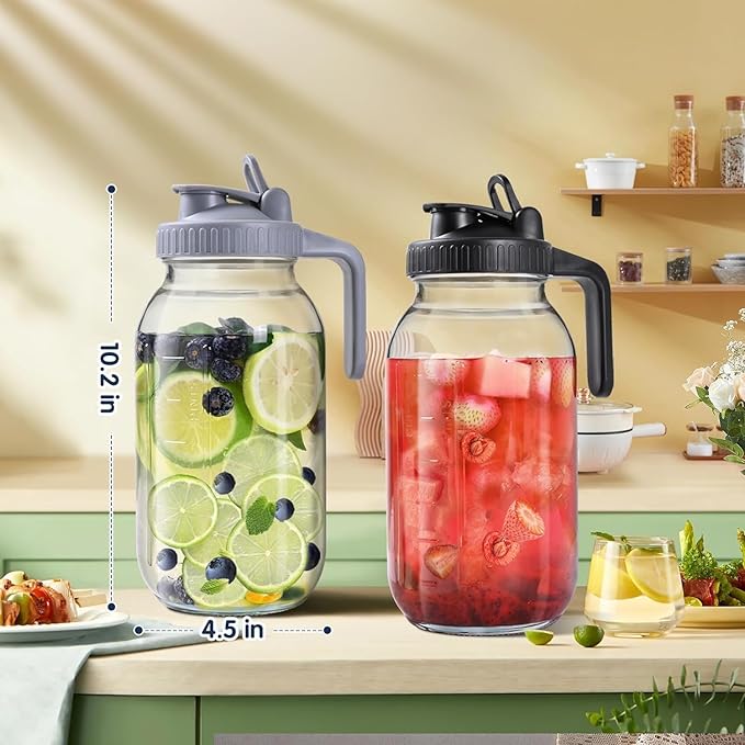 64OZ Glass Pitchers with Lid, Wide Mouth Water Jugs, Leak-Proof Airtight Mason Jars for Cold Brew Coffee, Iced tea, Milk, Food Storage, Sun Tea, Black
