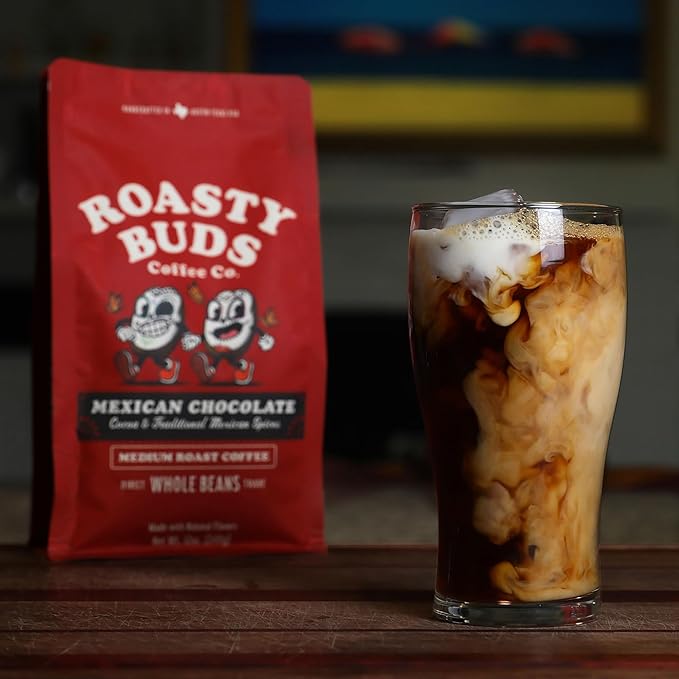 Roasty Buds Mexican Chocolate Whole Bean | Café Mexicano 100% Arabica Coffee, Natural Cinnamon Flavors (12 oz) | Gluten-Free, Non-GMO, No Sugar | Medium Roast (12 Ounce, Mexican Chocolate Whole Bean)