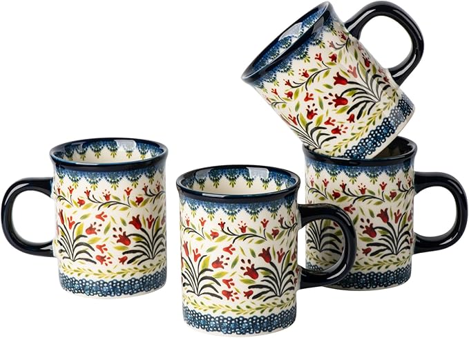 Ceramic Latte Mug Set of 4, 15.5oz Hand Painted Porcelain Coffee Cups With Big Handle - Modern,Retro Design For Any Kitchen. Microwave and Dishwasher Safe (The tulip)
