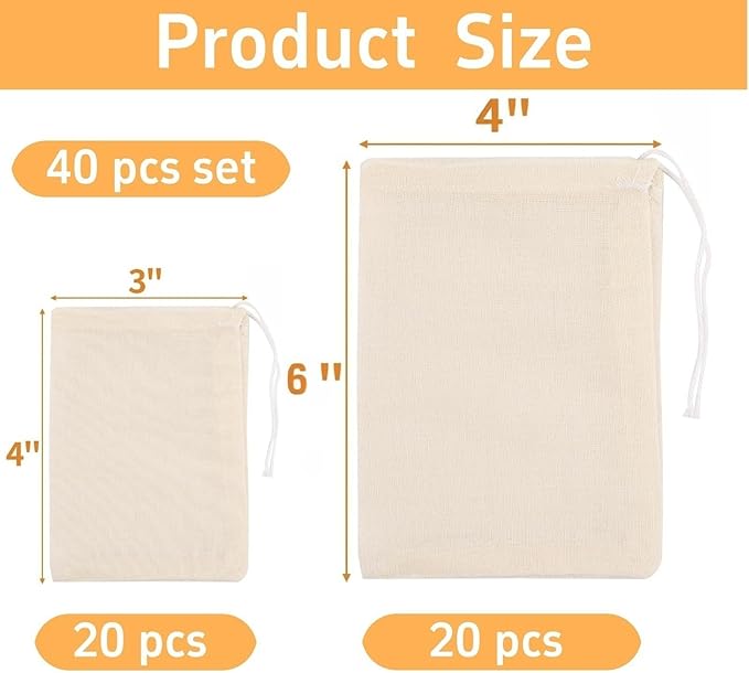 [40PCS Natural] Reusable Cotton Muslin Drawstring Bags – 20pcs 4x6" + 20pcs 3x4" Unbleached Tea Filter Bags for Loose Leaf Tea,Herbs,Spices,Soup,Cold Brew Coffee,DIY Sachets,Eco-Friendly & Washable